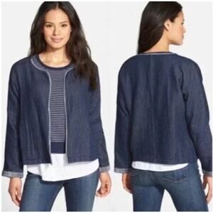 Eileen Fisher Blazer Open Front Denim Jacket Blue Organic Cotton Medium Petite